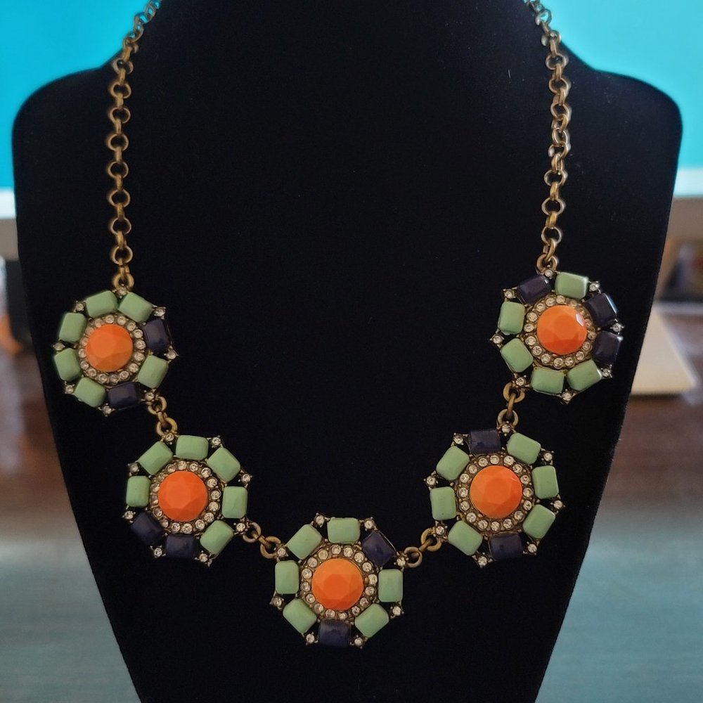 Gold Tone Chain Necklace w/ Faux Salmon, Blue, Green & Rhinestone Pieces - Style